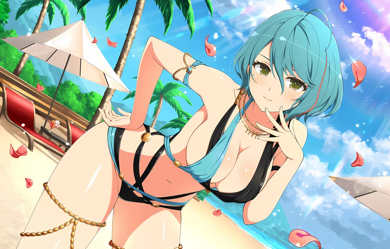 Photo wallpaper girl, sexy, cleavage, beach, sea, boobs, anime, water