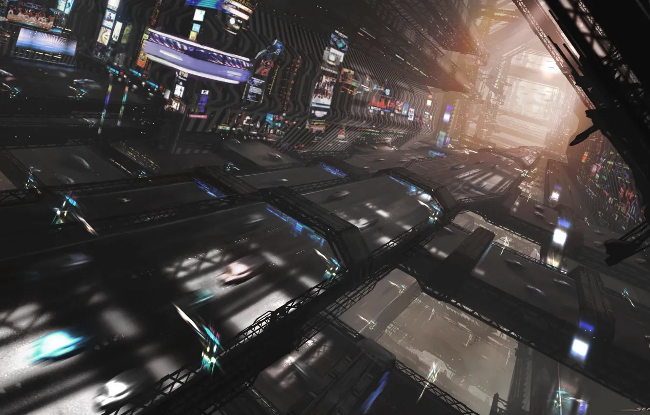 Photo wallpaper the city, future, people, art, megapolis, Greg Semkow