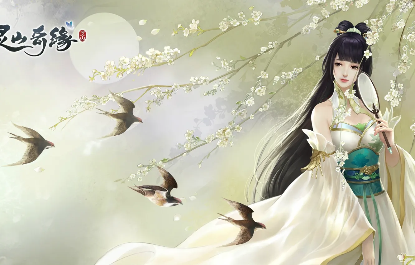 Photo wallpaper girl, the game, spring, art, fantasy, Sakura. bird, Lingshan Qi Yuan