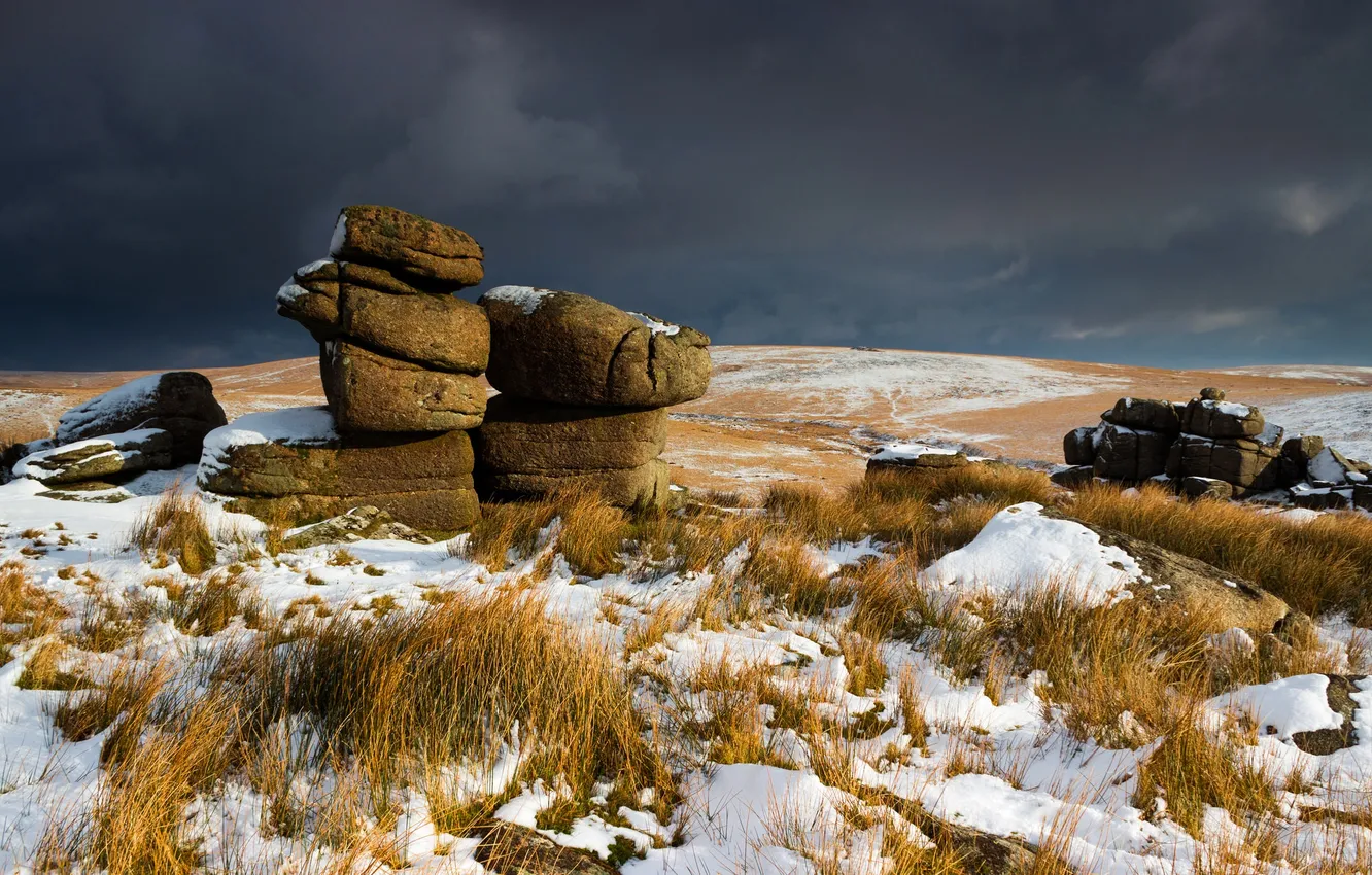 Photo wallpaper snow, stones, hills, England