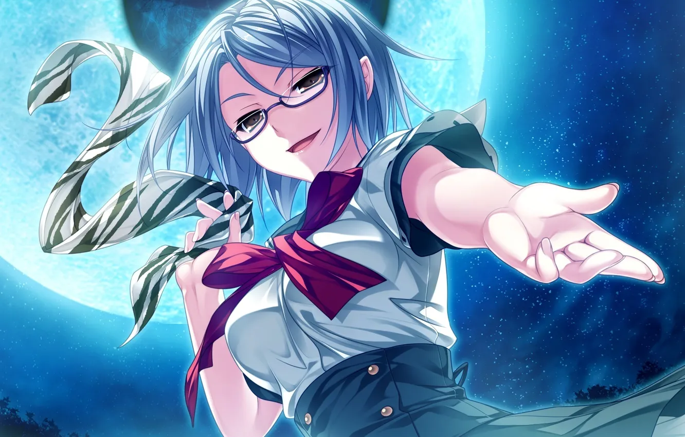 Photo wallpaper girl, night, the moon, hands, glasses, shawl, game cg, tsukumo no chickens