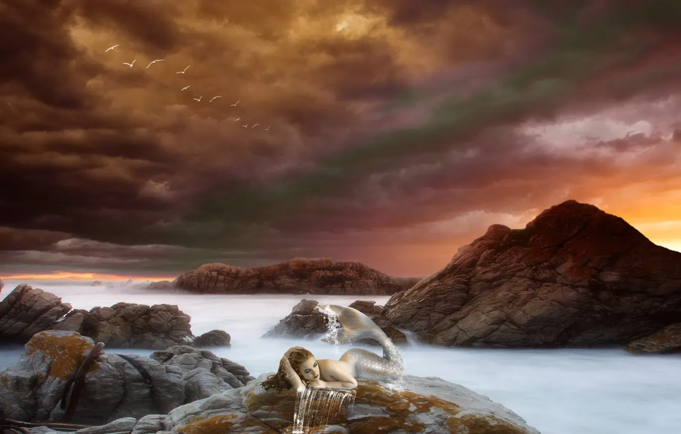 Photo wallpaper sea, the sky, girl, clouds, the ocean, rocks, bird, mermaid