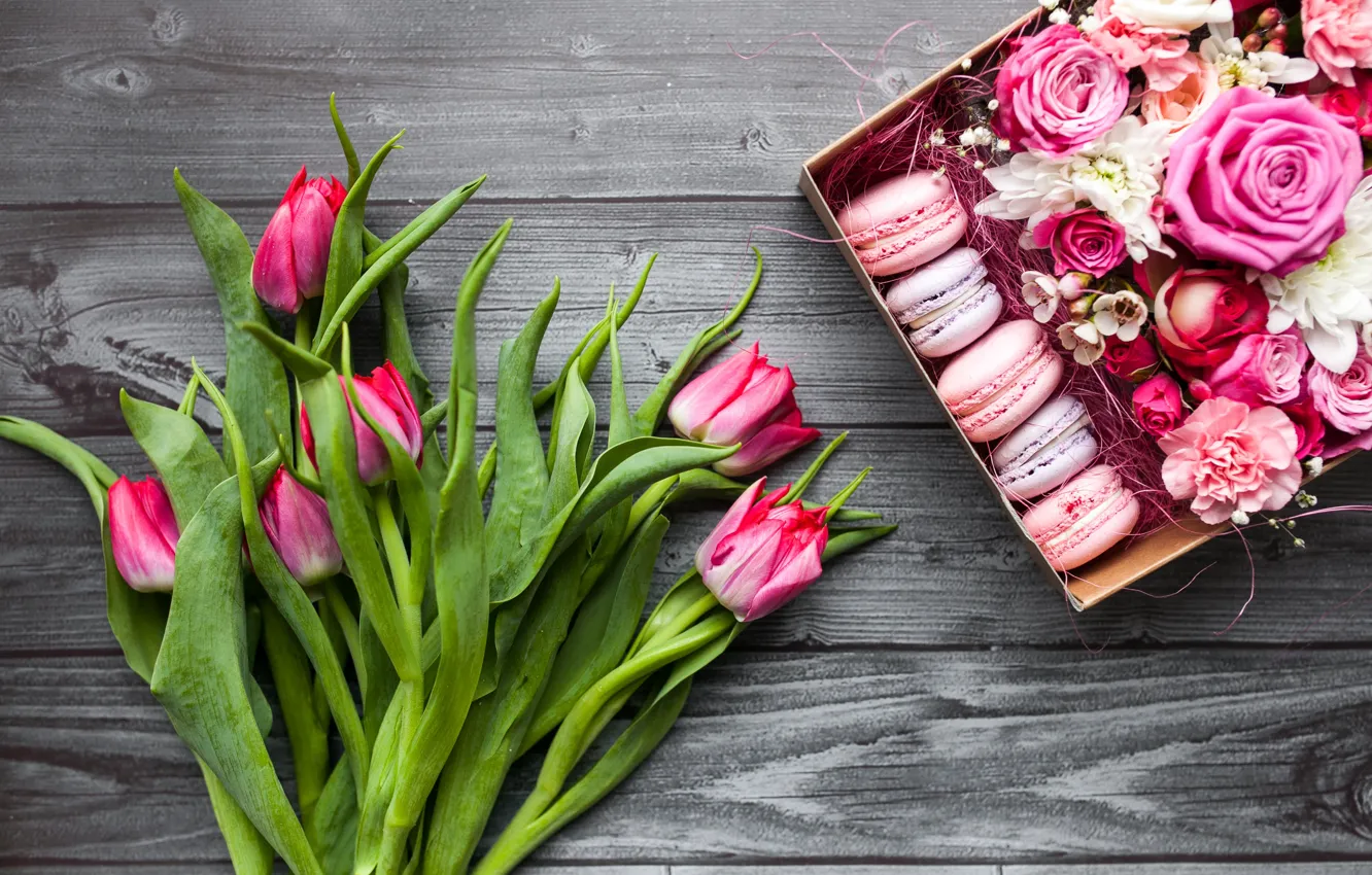 Photo wallpaper flowers, box, gift, bouquet, pink, tulips, macaron