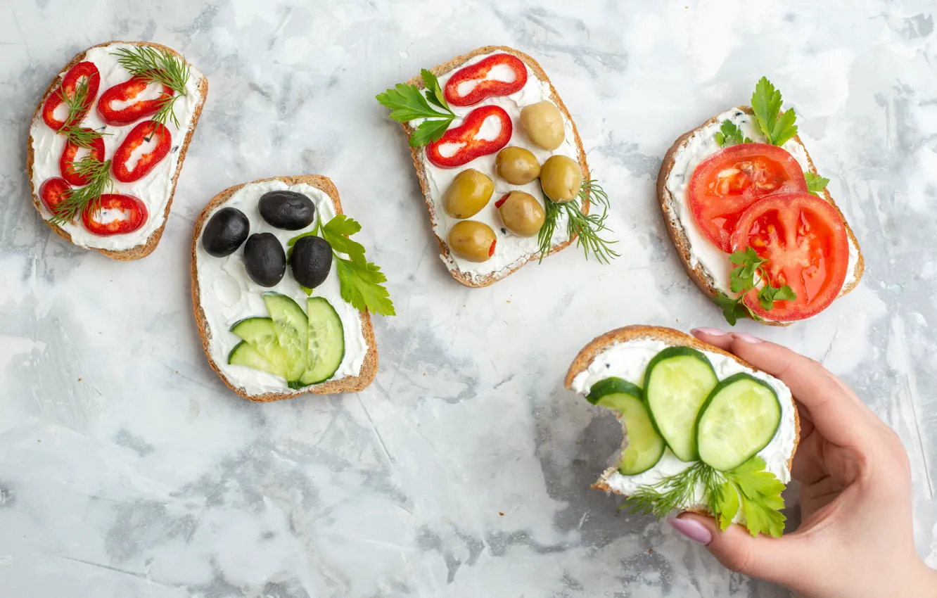 Photo wallpaper hands, bread, vegetables, sandwiches