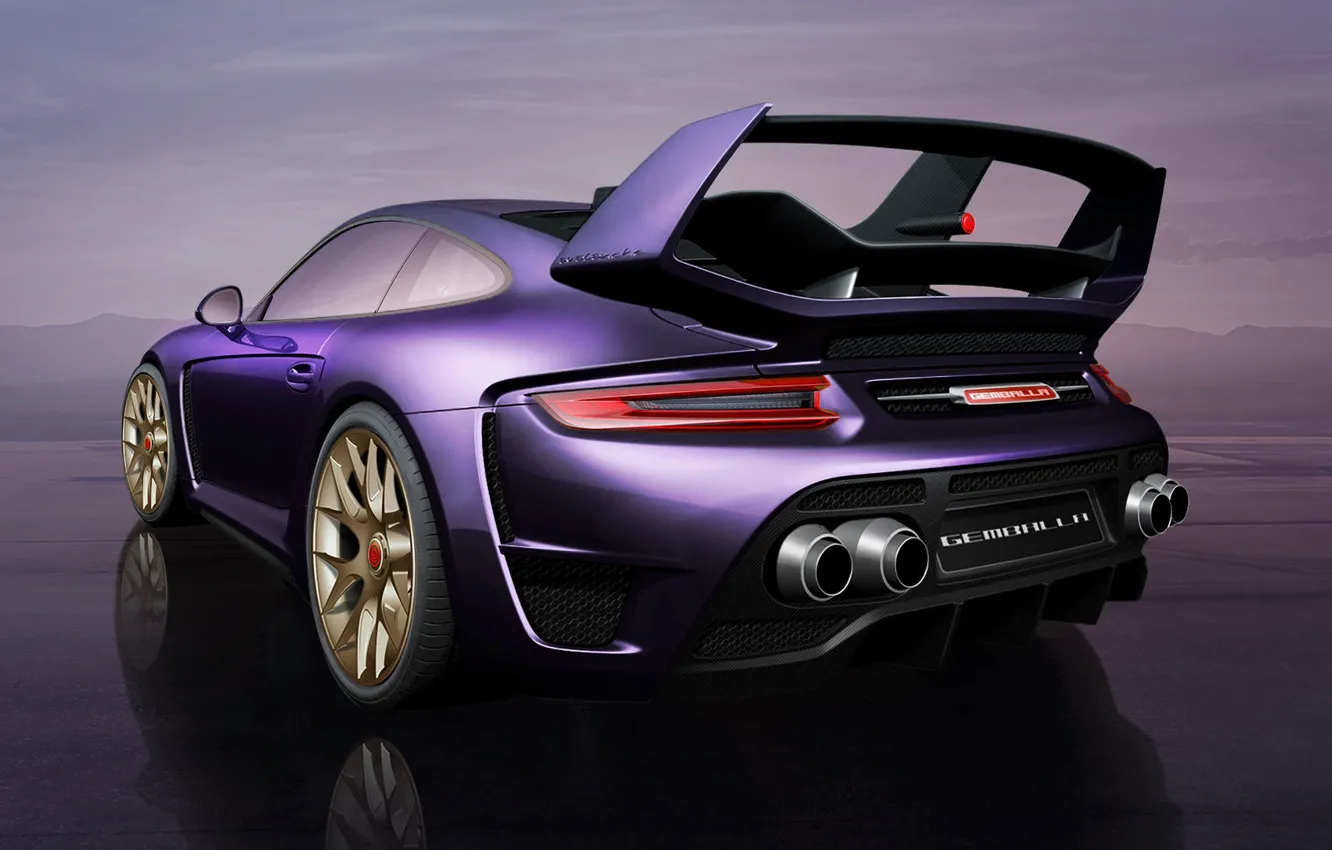 Photo wallpaper sunset, reflection, lilac, tuning, spoiler, porsche, avalanche, rear