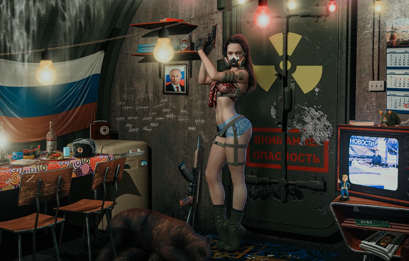 Photo wallpaper girl, war, bear, Putin, Fallout, Photoshop, bunker, daz3d