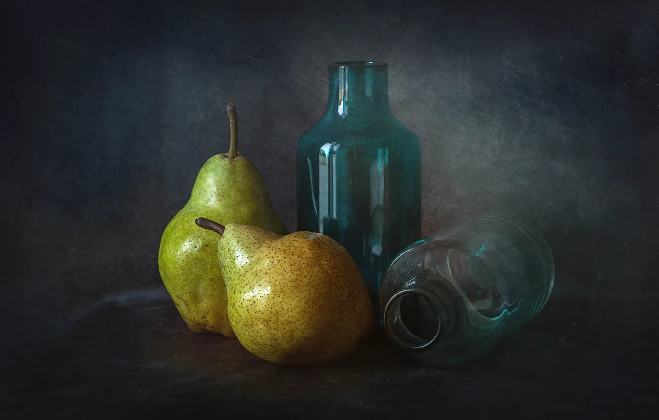 Photo wallpaper bottle, still life, pear