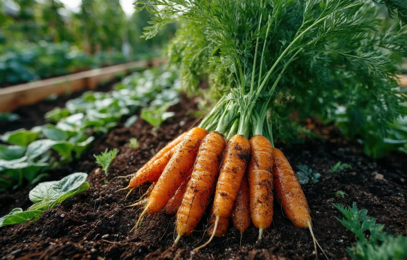 Photo wallpaper greens, summer, earth, harvest, dirt, the beds, carrots, young