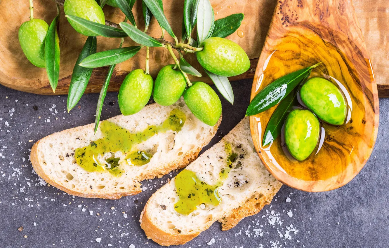Photo wallpaper oil, bread, olives