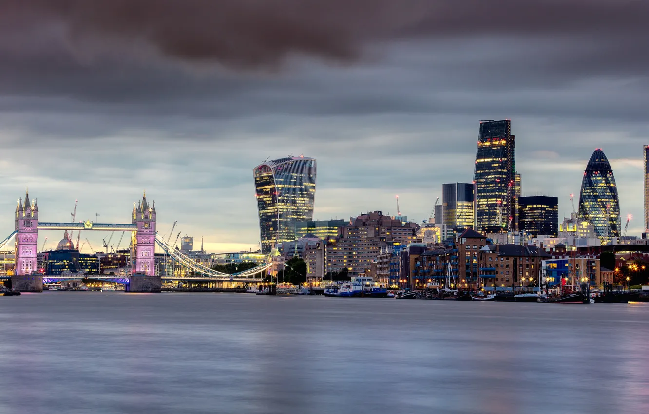 Photo wallpaper storm, twilight, Tower Bridge, dusk, London, England, River Thames, cloudy
