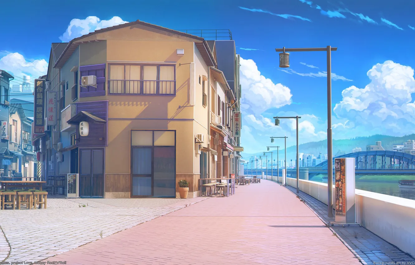 Photo wallpaper street, building, promenade, Riverside, Love Money Rock’n’Roll