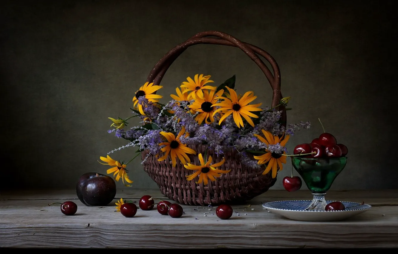 Photo wallpaper yellow, cherry, berries, table, glass, bouquet, fruit, still life