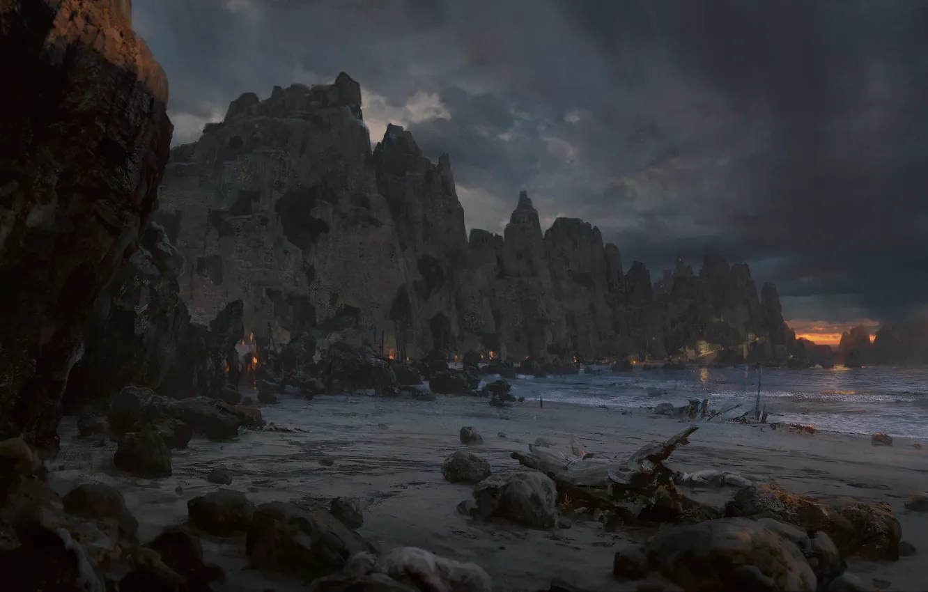 Photo wallpaper sea, mountains, clouds, stones, rocks, log, Path of Exile