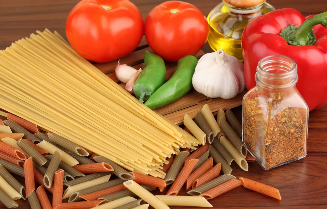 Photo wallpaper pepper, tomatoes, garlic, vermicelli, food student