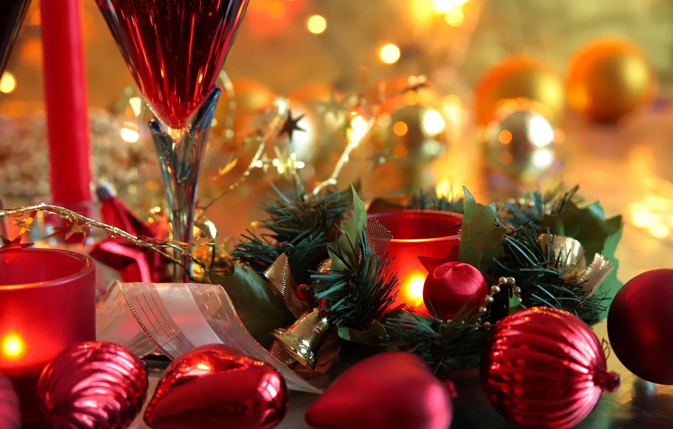 Photo wallpaper balls, red, holiday, Christmas, Candles, New year