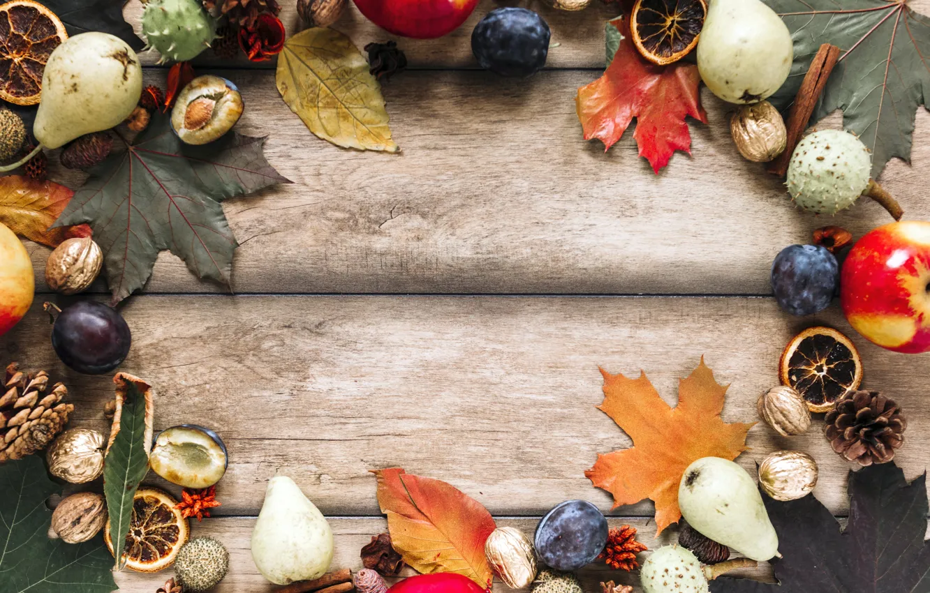 Photo wallpaper autumn, leaves, apples, plum, bumps, pear, postcard, template