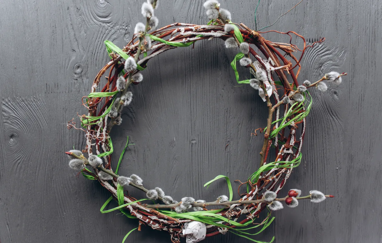 Photo wallpaper branches, spring, Easter, wreath, wood, Verba, spring, Easter