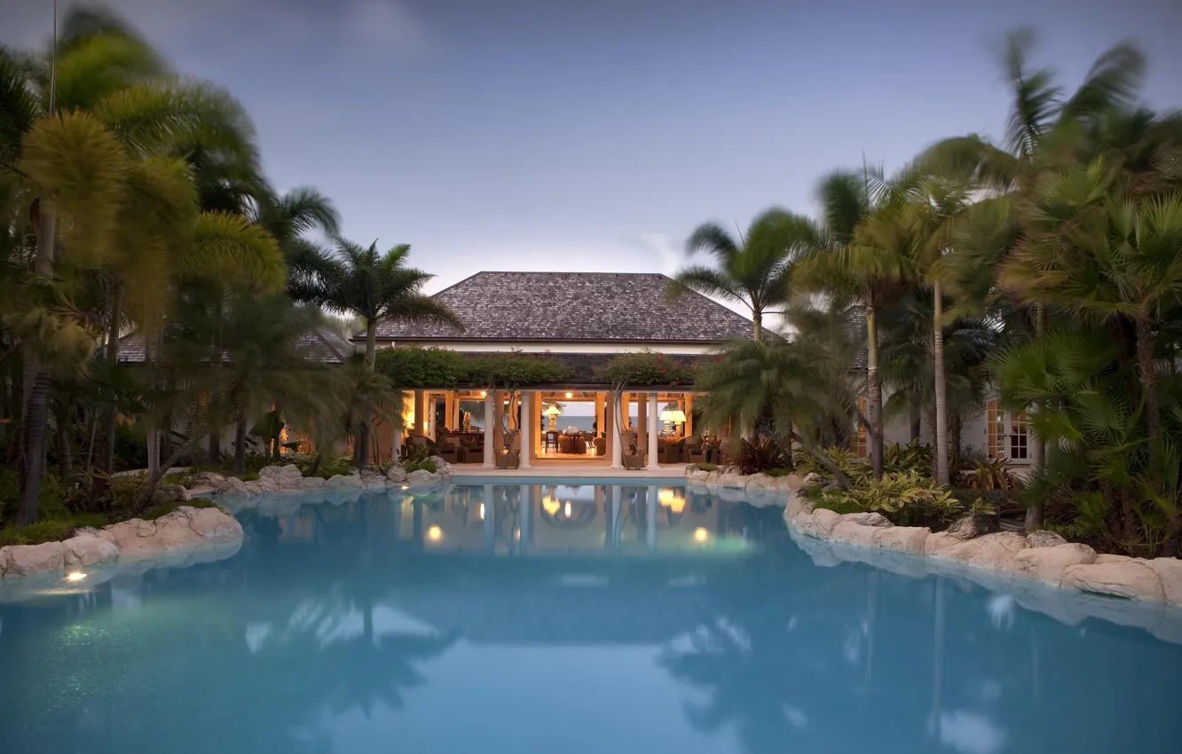 Photo wallpaper palm trees, Villa, the evening, pool, lighting, resort, by the ocean