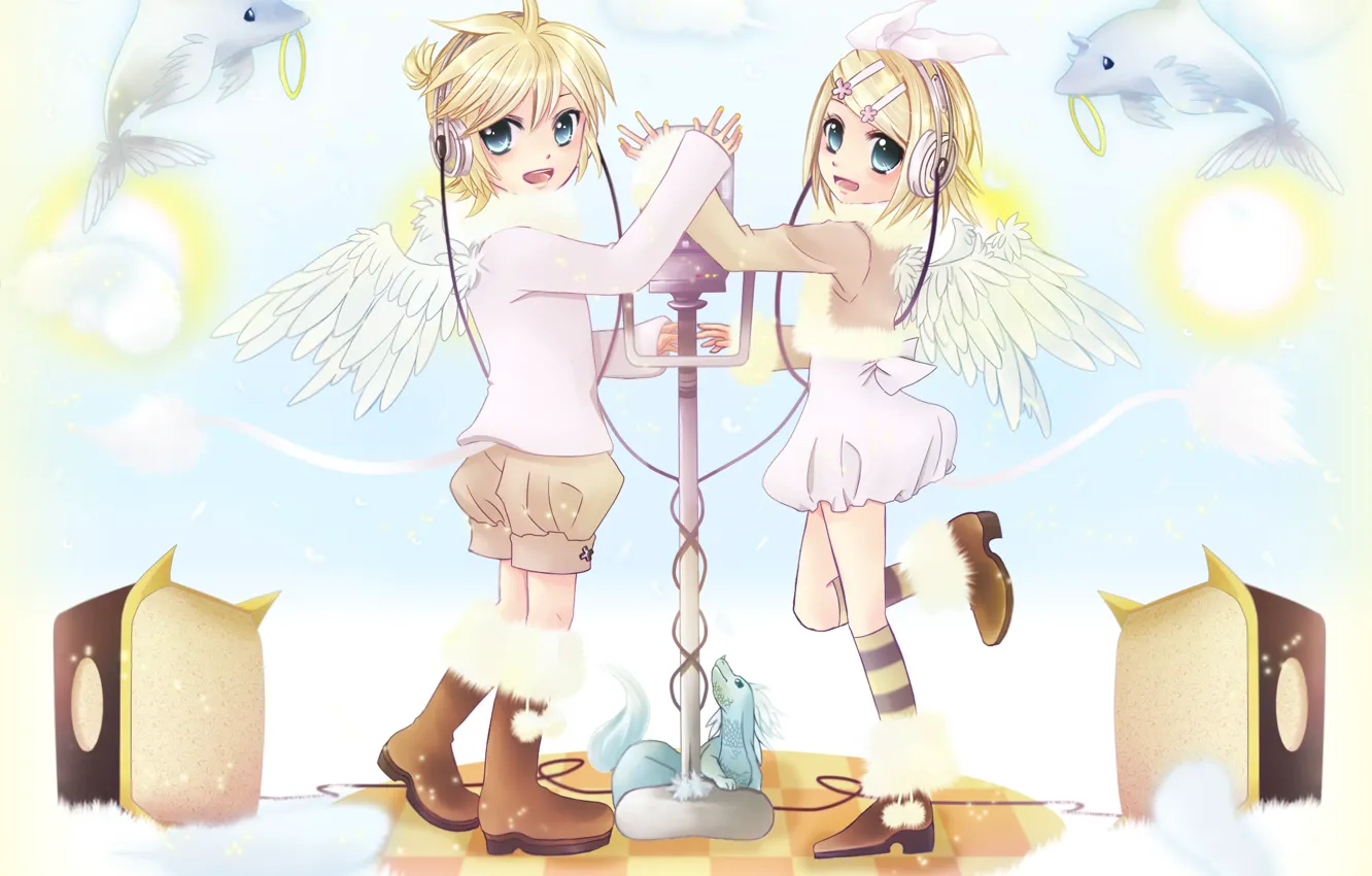 Photo wallpaper girl, angel, dolphins, guy, vocaloid, two, dragon, Vocaloid