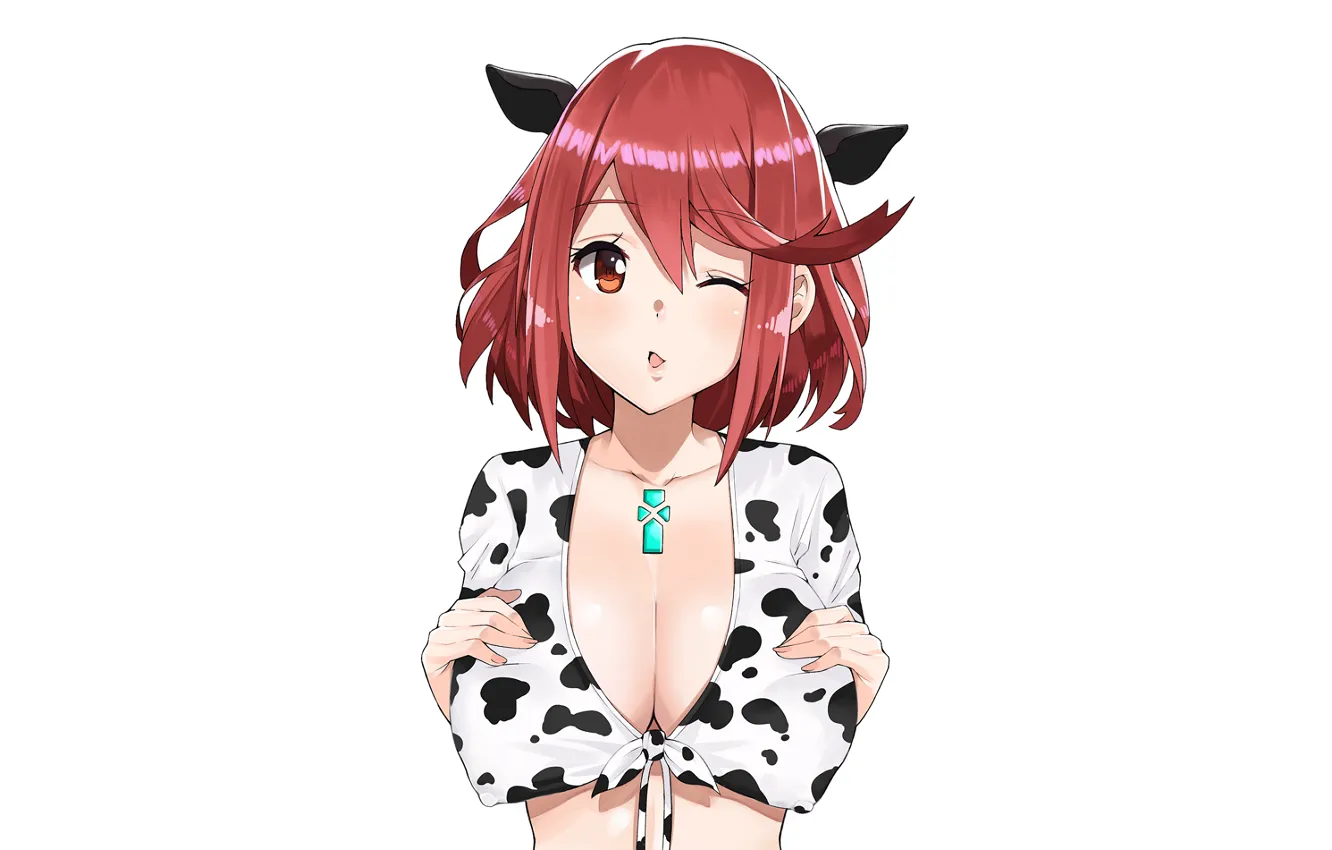 Photo wallpaper girl, sexy, cleavage, red hair, boobs, animal ears, anime, beautiful