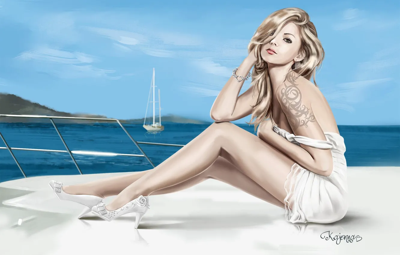 Photo wallpaper sea, look, yacht, blonde, shoes, legs, white dress, art. girl