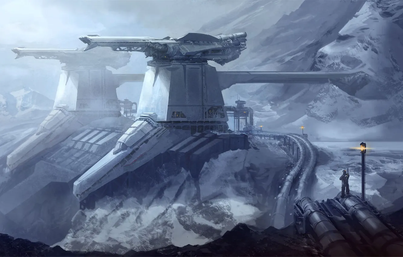 Photo wallpaper snow, mountains, fiction, station, art, by drawingnightmare, frozen fortress