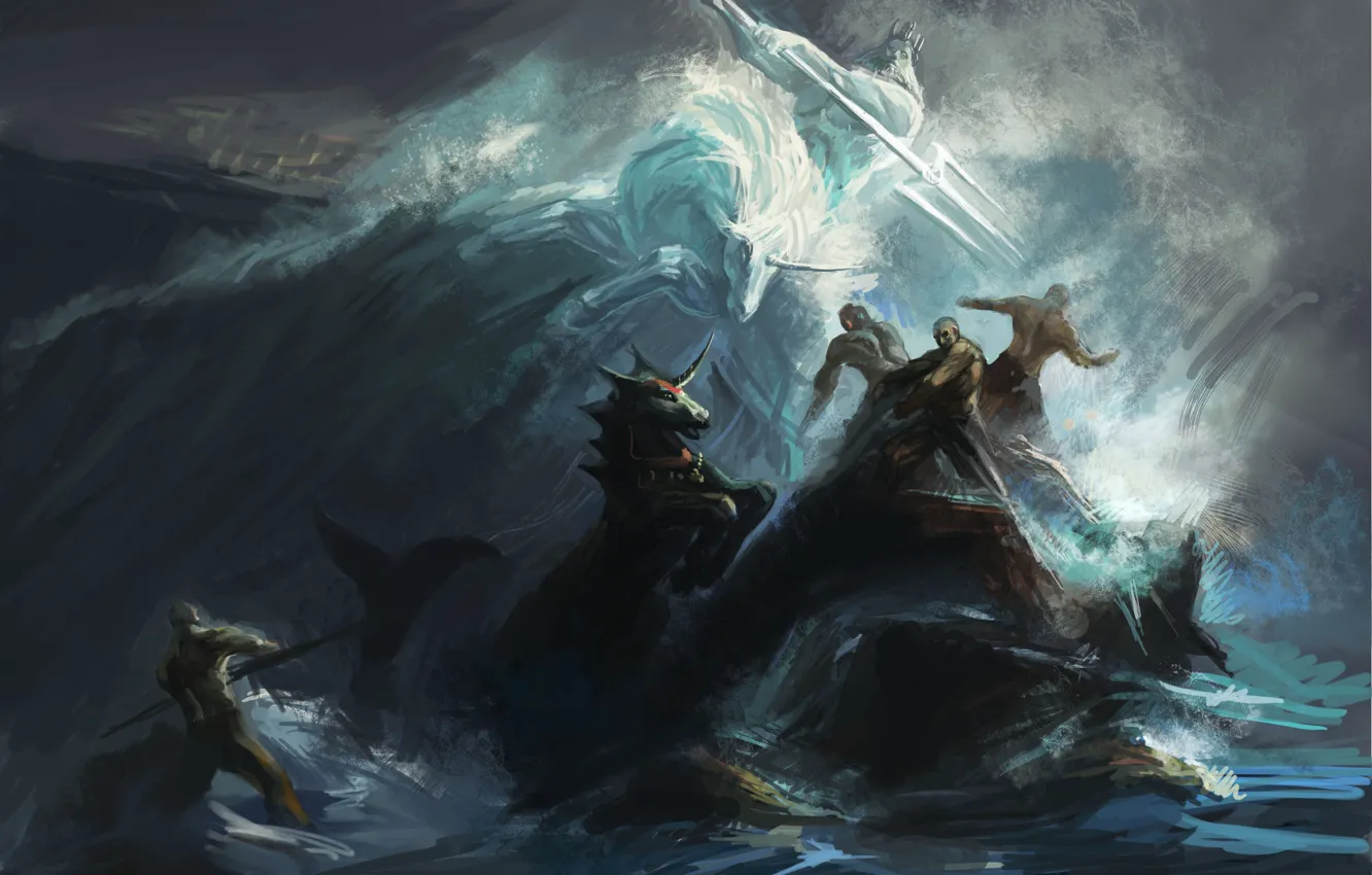 Photo wallpaper sea, wave, storm, the ocean, rocks, people, storm, art