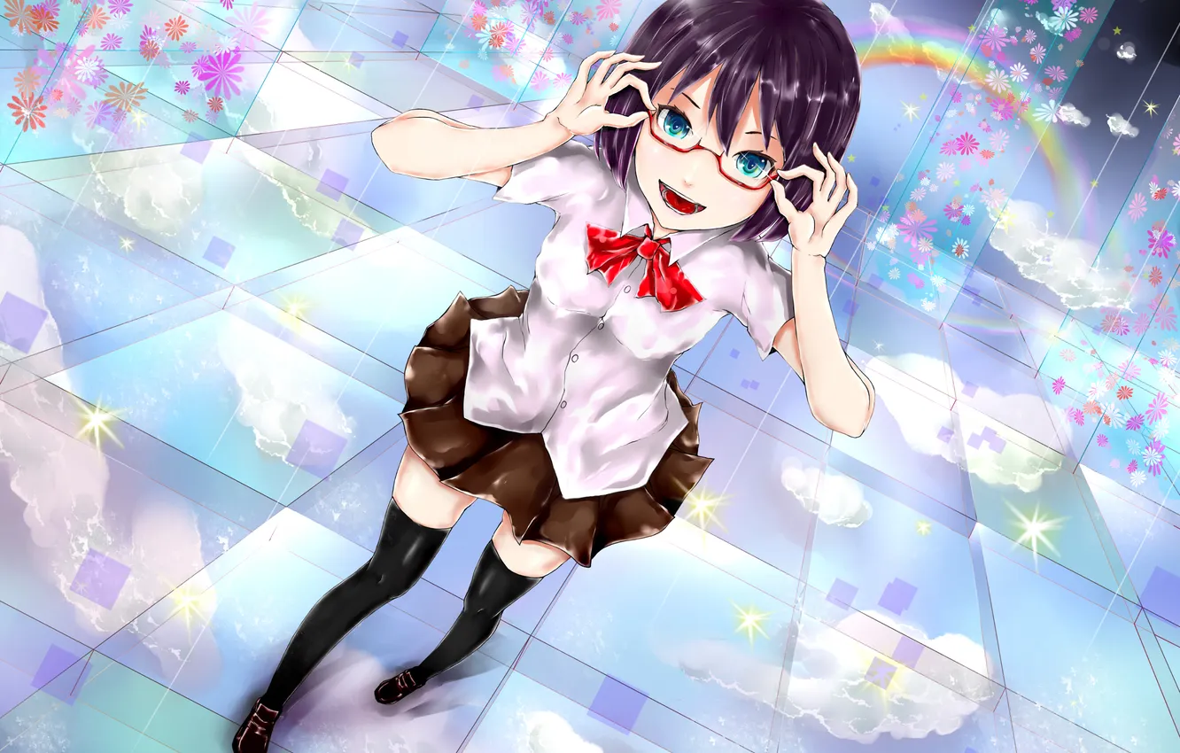 Photo wallpaper look, girl, smile, glasses, schoolgirl, art, suy