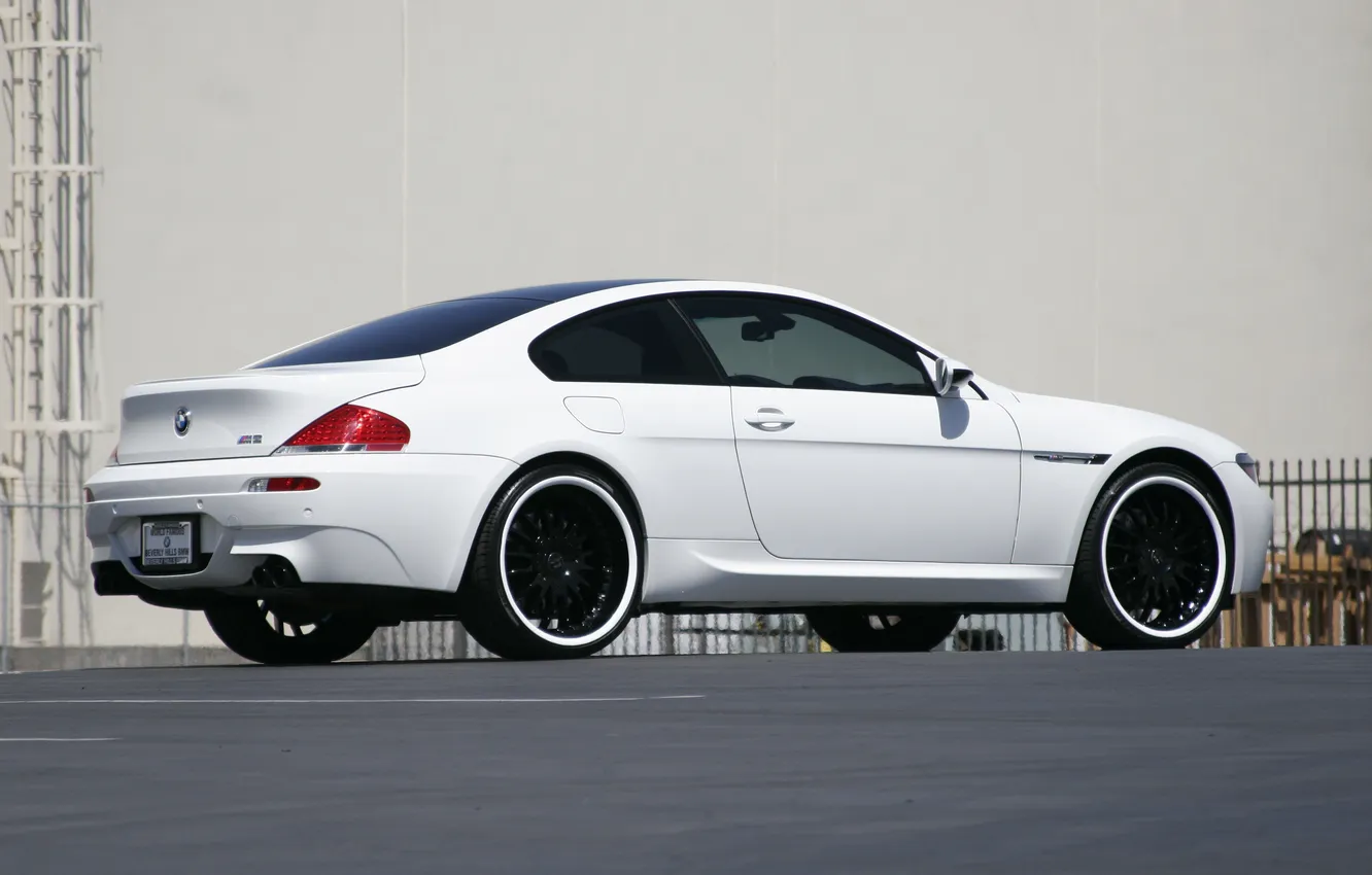 Photo wallpaper white, BMW, BMW, white, rear view, E63, black rims, black wheels