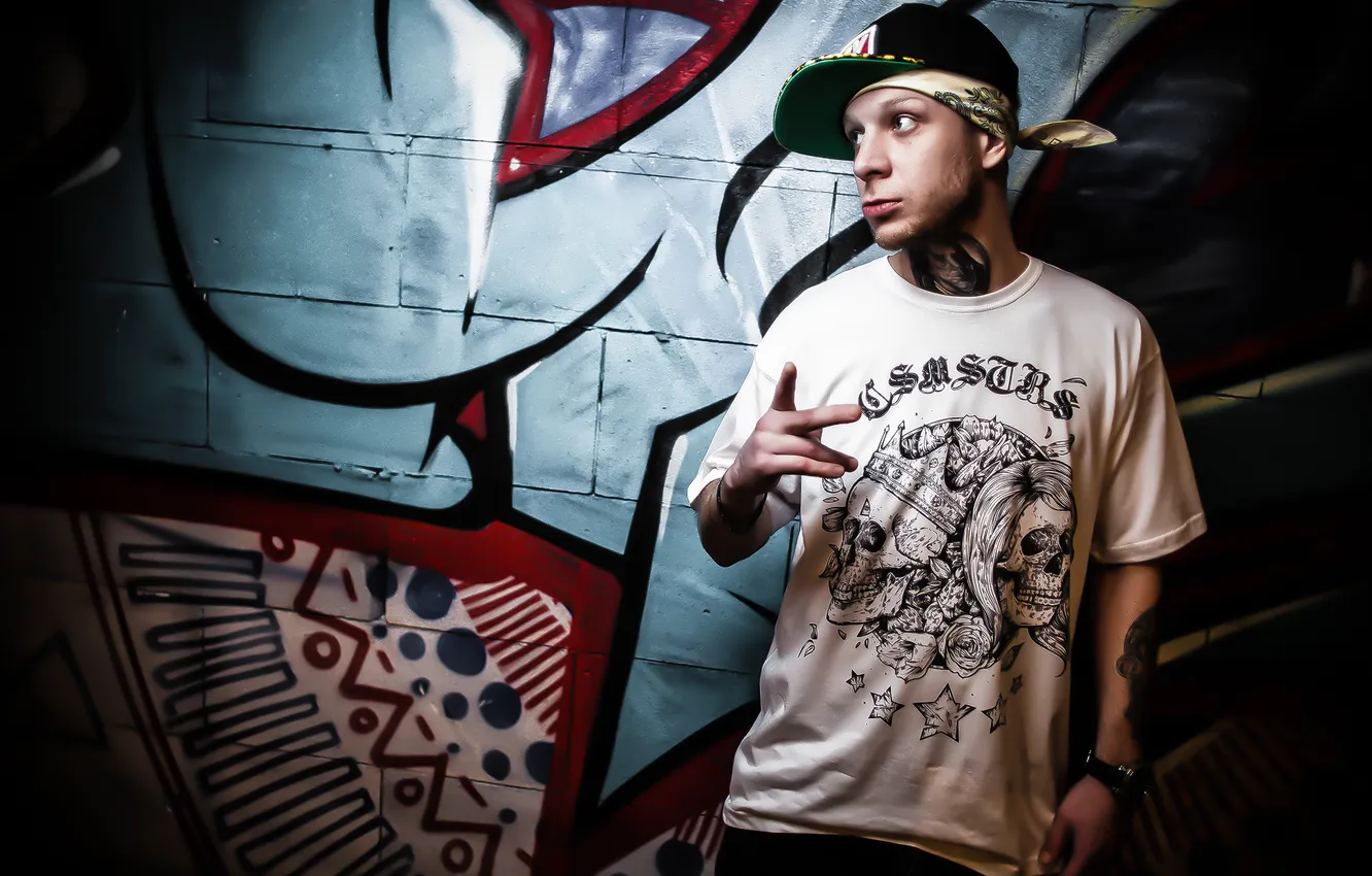 Photo wallpaper tattoo, cap, guy, t-shirt, COSMOSTARS