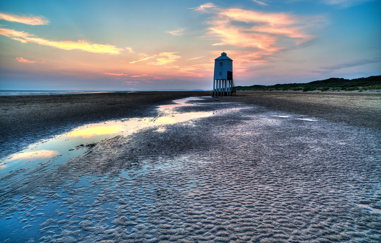 Photo wallpaper sea, the sky, clouds, sunset, lighthouse, tide, ernam, Somerset