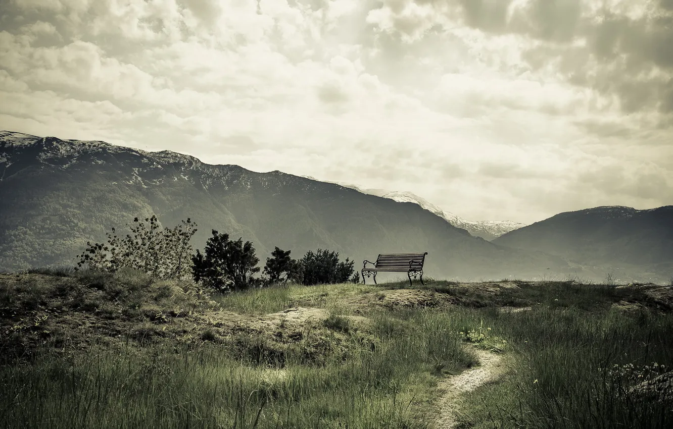 Photo wallpaper the sky, landscape, mountains, bench