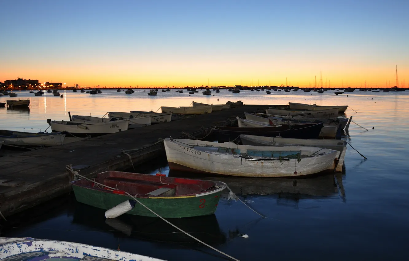 Photo wallpaper landscape, sunset, lake, boats
