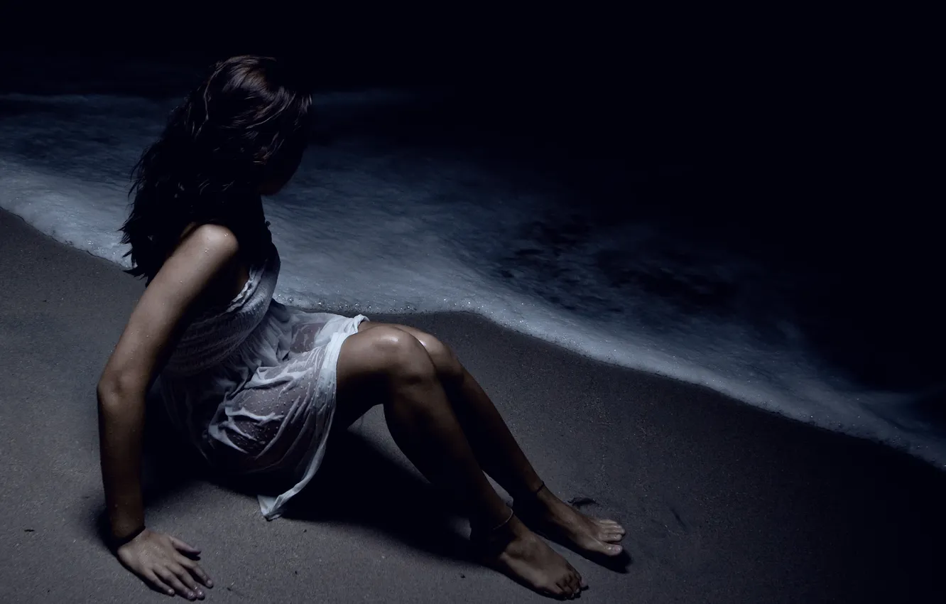 Photo wallpaper beach, girl, night, wet, dress, surf, sitting, author Brian Storey