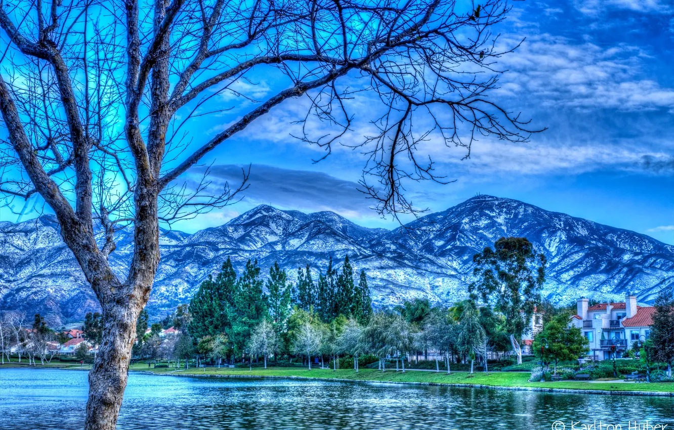 Photo wallpaper trees, mountains, river, shore, home, treatment, CA, USA