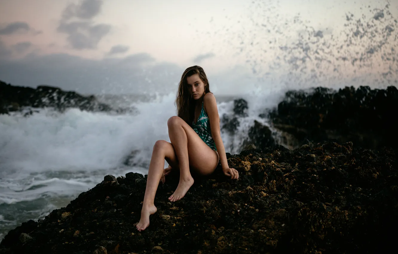 Photo wallpaper wave, girl, stones, Chloe, Jesse Duke