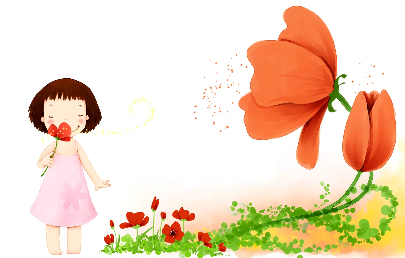 Photo wallpaper flowers, smile, petals, dress, girl, baby Wallpaper