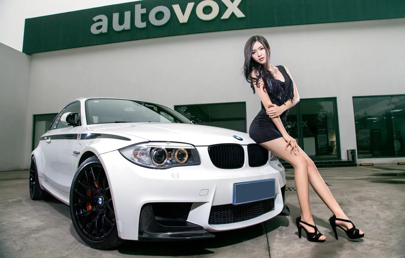 Photo wallpaper Girls, BMW, Asian, beautiful girl, white car, vhglyad, posing on the car