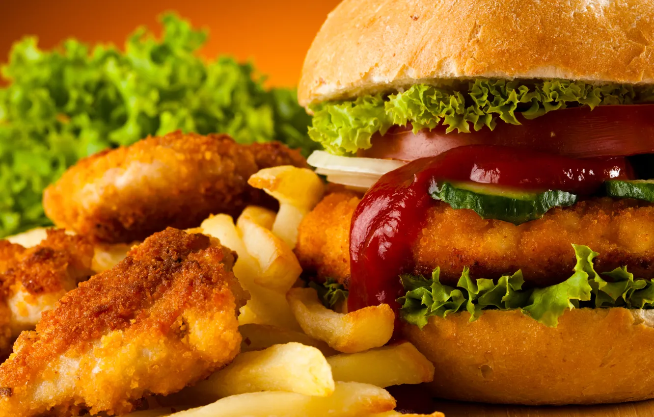 Photo wallpaper hamburger, French fries, Fast food, Chicken Nuggets