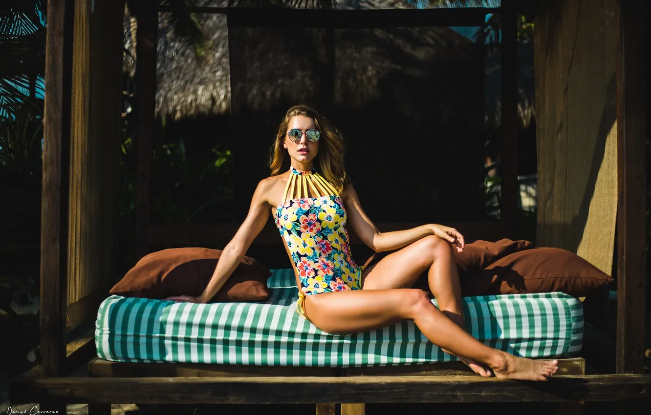 Photo wallpaper girl, legs, beautiful, model, sweet, swimsuit, sunglasses, long-haired