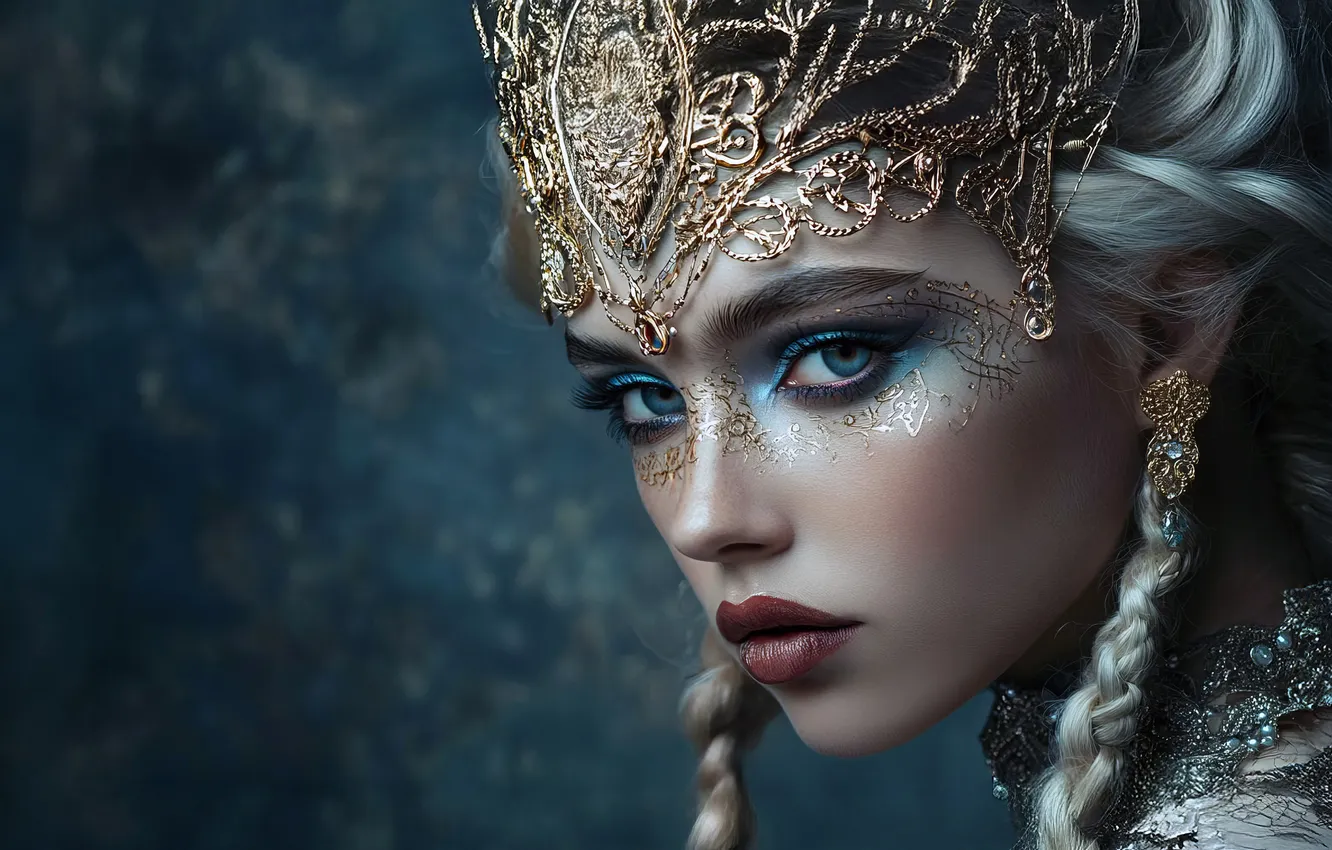 Photo wallpaper girl, decoration, crown, makeup, fantasy, blonde, braid, gold plated
