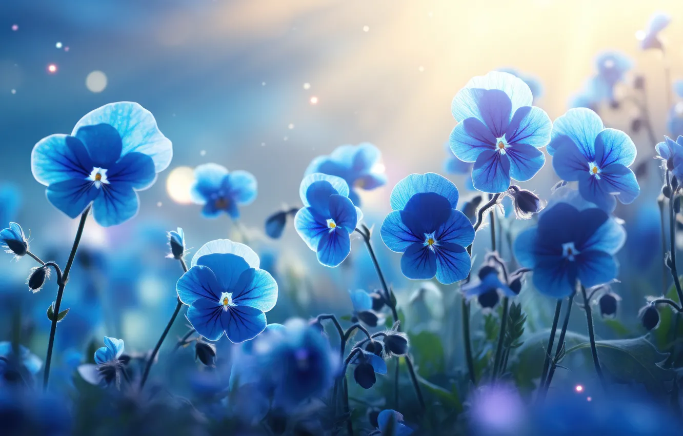 Photo wallpaper light, flowers, blue, blue, spring, Pansy, flowerbed, bokeh