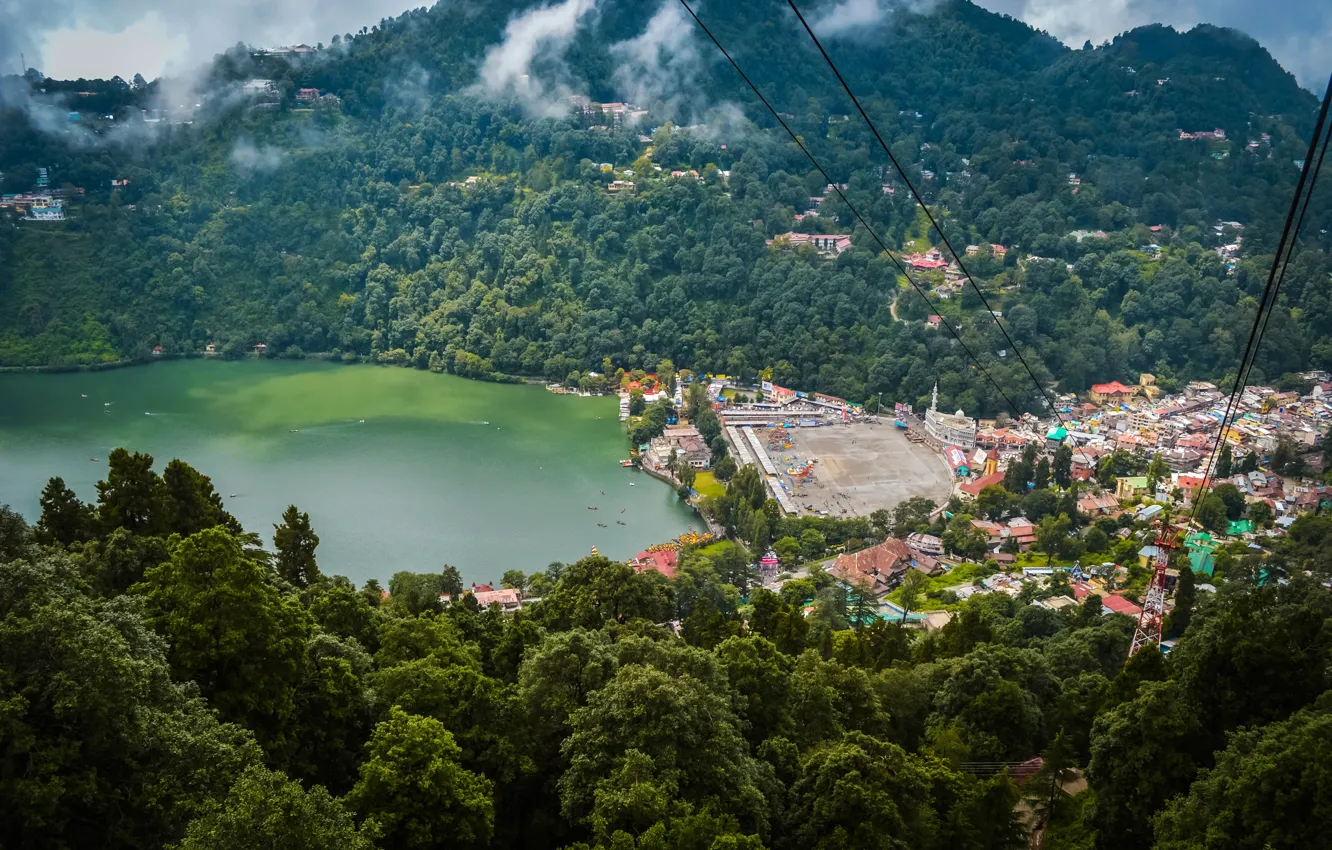 Photo wallpaper forest, trees, mountains, lake, home, India, the view from the top, Nainital Uttarakhand