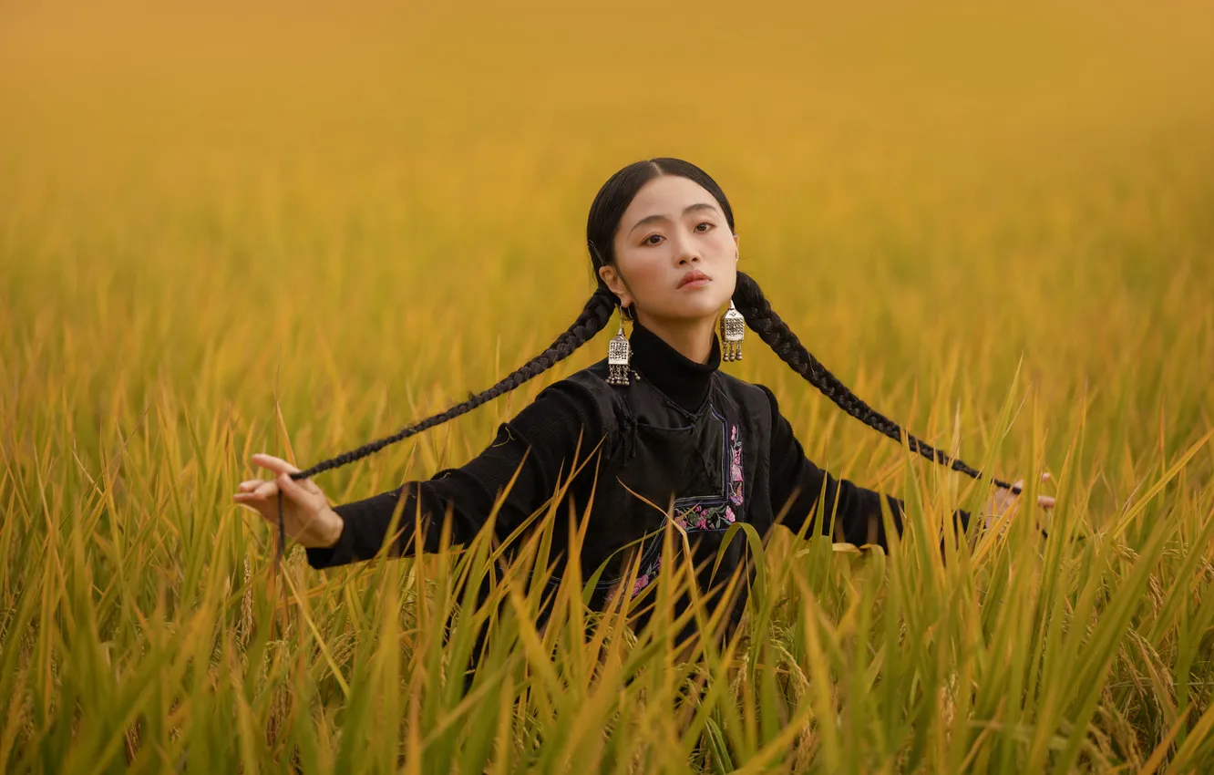 Photo wallpaper pose, look, Nick Vison, girl, field, nature, Asian