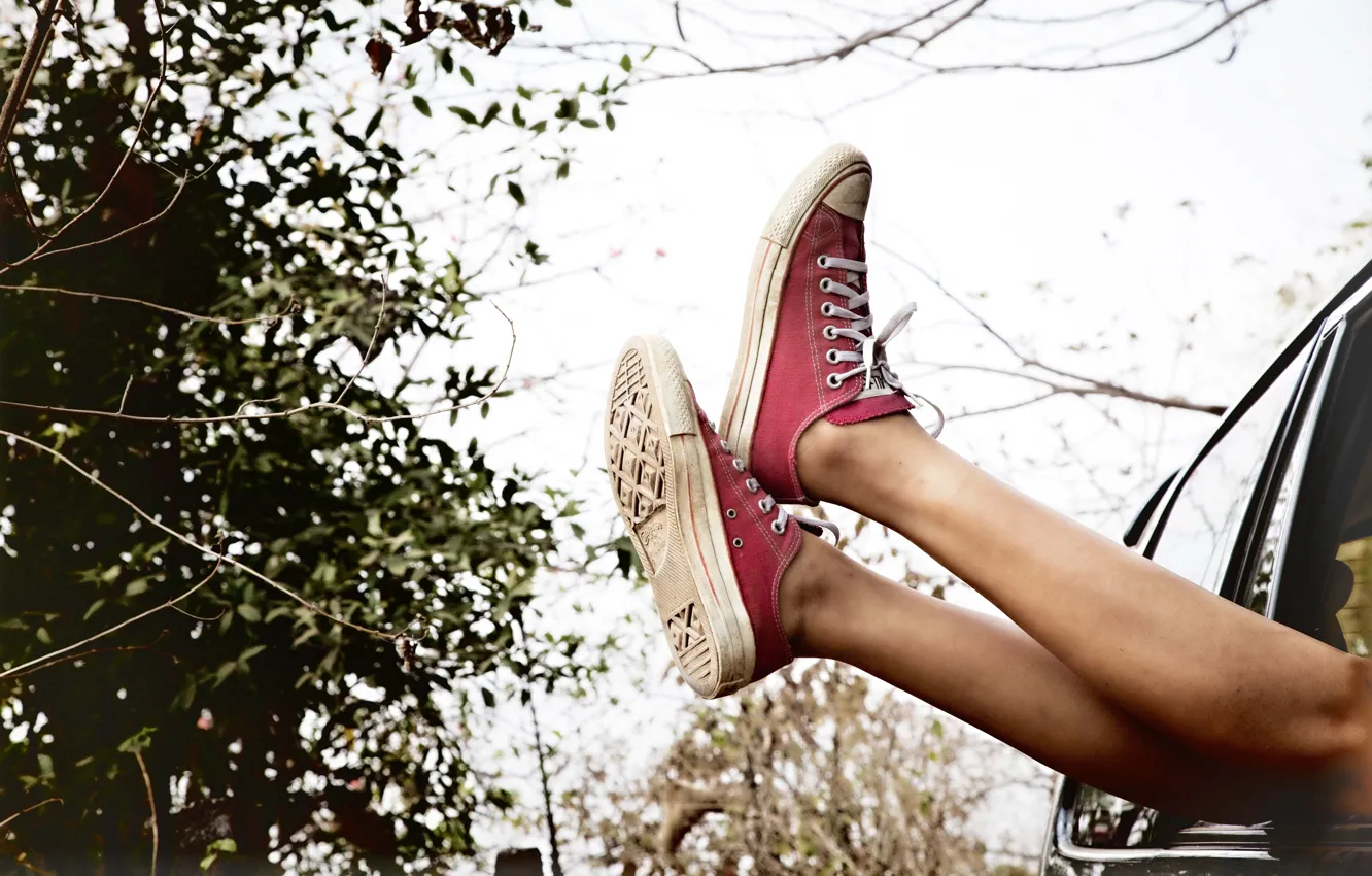 Photo wallpaper machine, the sky, red, feet, shoes, sneakers, the bushes, shoes