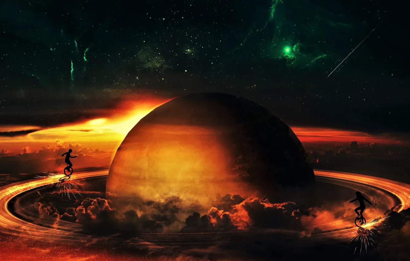 Photo wallpaper stars, clouds, planet, Saturn, silhouette, ring