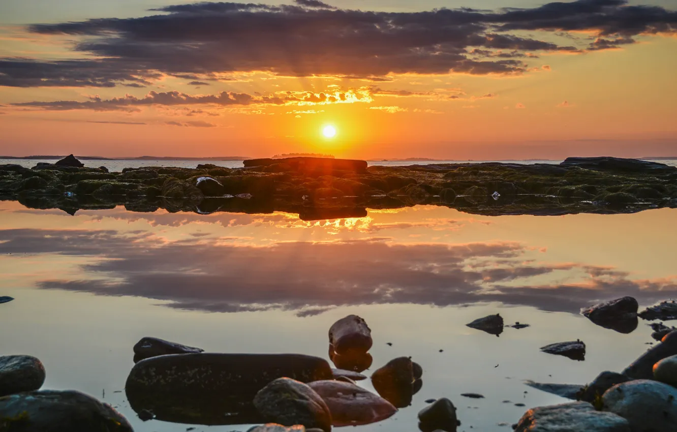 Photo wallpaper fireball, pool, sea, ocean, clouds, rocks, sun, sunrise