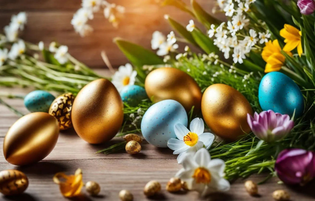 Photo wallpaper flowers, eggs, spring, colorful, Easter, flowers, spring, Easter