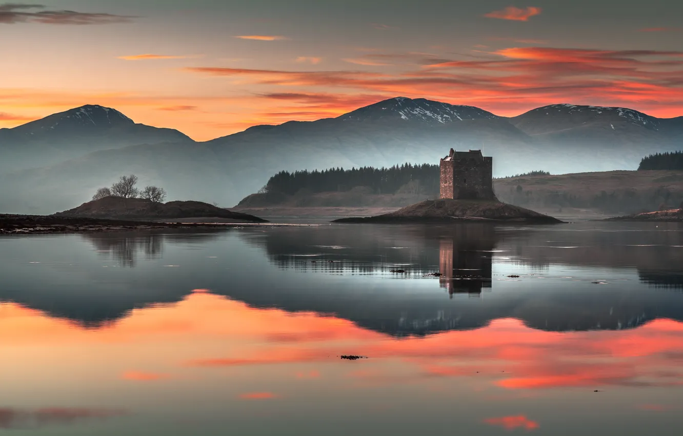 Photo wallpaper sunset, lake, castle