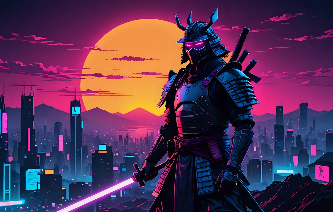 Photo wallpaper sunset, Neon, samurai, AI Art